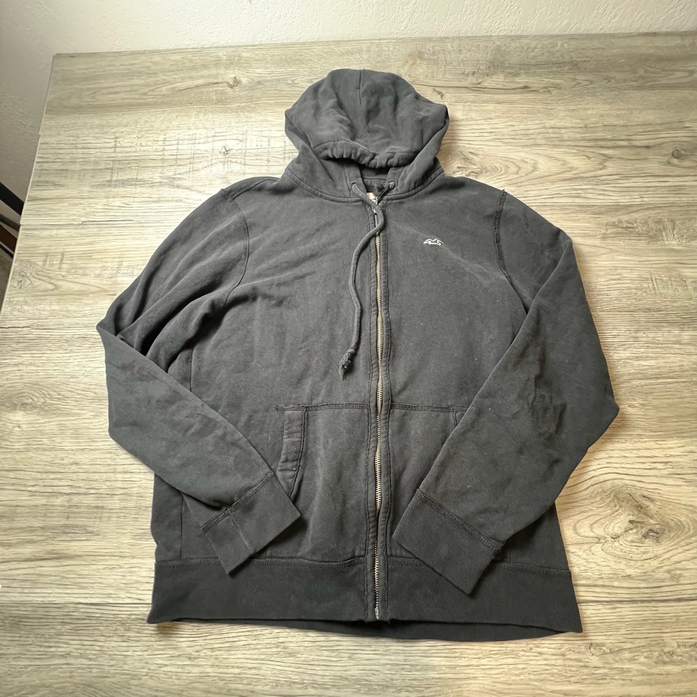 Hollister Zip Up Hoodie Men‎ Large Black Embroidered Logo Casual Sweatshirt